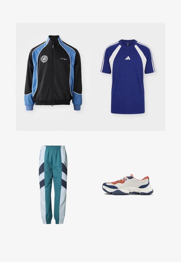 Veste de sport noire et bleue, devant zippé, avec un passepoil blanc contrastant, patch logo sur la poitrine, poignets côtelés, en tissu synthétique lisse.; T-shirt de sport bleu et blanc à manches courtes avec col rond et logo Adidas au centre devant.; Pantalon de survêtement bleu sarcelle et gris clair avec motifs en chevron, taille élastique, poches latérales et poignets côtelés aux chevilles.; Baskets avec une tige en cuir blanc, des accents orange et marine, des lacets multicolores et une épaisse semelle en caoutchouc marine avec des rainures texturées.