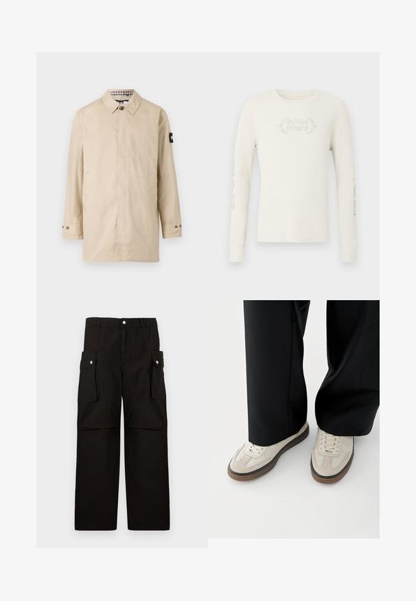 Manteau léger beige avec une coupe droite, col boutonné, poches latérales et un accent noir sur la manche gauche. Doublé avec un motif à carreaux.; T-shirt à manches longues en coton côtelé crème avec "DODGE DEMON" brodé sur le devant et des graphismes imprimés sur la manche droite. Texture douce.; Pantalons cargo noirs en tissu doux, dotés d'une taille élastique, de poches latérales avec rabats et d'une coupe loose à jambes droites.; Pieds portant des baskets beige avec des semelles marron et un pantalon noir à jambes larges sur fond blanc.