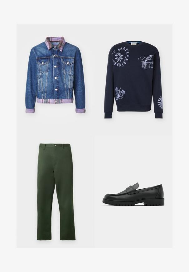 Jeansjakke med klassisk design, blå farve, to forlommer, sølvknapper og en lilla ternet krave med matchende kant.; Mørkeblå sweatshirt med lyse lavendelfarvede broderede designs, herunder hjerteformet vinstok, fugl på buet indgang, blomsterdekoration og marguerit på ærmet.; Grønne bukser med et lige snit, lavet af et glat stof. Har knaplukning og forlommer, med minimale designdetaljer.; Sorte læder loafers med rund tå, der har et syet design, lav platformssål og en struktureret, skridsikker gummisål.