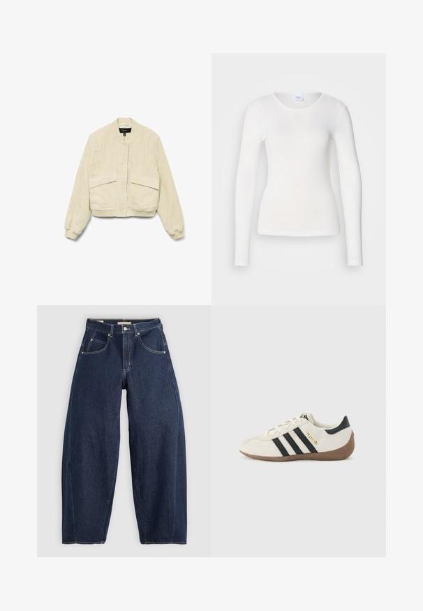 Chaqueta bomber de pana crema con mangas largas, puños acanalados y dos bolsillos delanteros. Cuenta con un cuello redondo y cierre de botones.; Camisa blanca de manga larga hecha de una tela suave y lisa; presenta un cuello redondo y una forma ajustada, sin patrones ni adornos.; Jeans de mezclilla azul oscuro con un ajuste holgado, costuras claras, cinco bolsillos y un cierre de botón en la cintura.; Zapatilla blanca de Adidas con rayas negras, suela marrón texturizada y la palabra "SPEZIAL" en letras doradas en el lateral, vista desde el lado exterior.