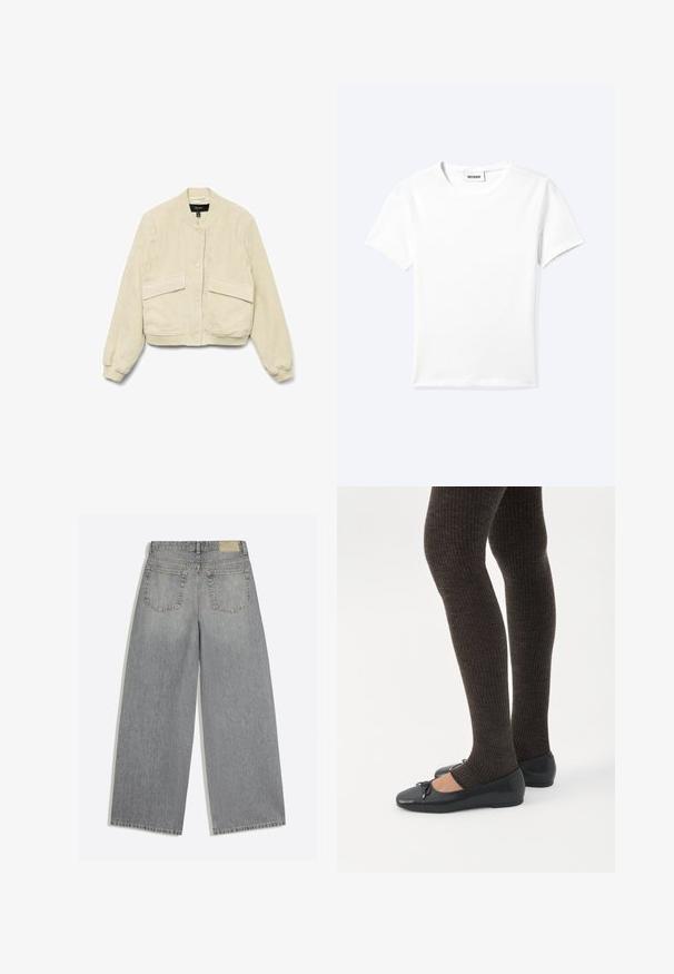 Cremfarbener Cordjacke mit langen Ärmeln, gerippten Bündchen und zwei Fronttaschen. Mit rundem Kragen und Knopfverschluss.; Einfaches weißes T-Shirt mit kurzen Ärmeln und Rundhalsausschnitt sowie kleinem "WEEKDAY"-Etikett im Nacken, flach auf einem hellen Hintergrund präsentiert.; Graue Jeans mit weitem Bein, Rückseite mit zwei Taschen und Gürtelschlaufen, flach auf weißem Hintergrund liegend.; Beine in dunklen, gerippten Leggings kombiniert mit schwarzen Ballerinas mit kleinen Schleifendetails auf weißem Hintergrund.