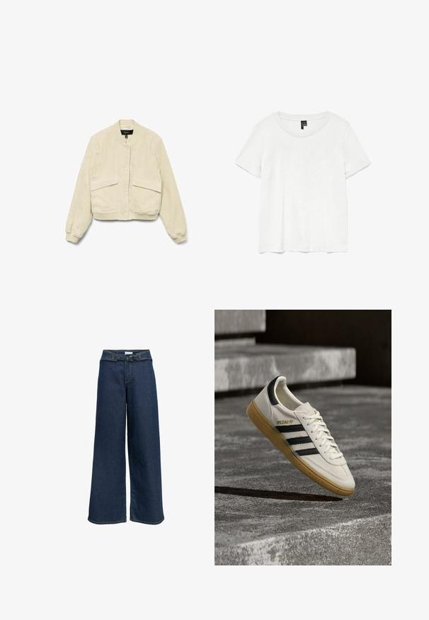 Chaqueta bomber de pana crema con mangas largas, puños acanalados y dos bolsillos delanteros. Cuenta con un cuello redondo y cierre de botones.; Camiseta blanca de manga corta con un cuello redondo, hecha de tejido ligero. Diseño simple, textura suave y dobladillo recto.; Pantalones de mezclilla de pierna ancha en azul oscuro, con una cintura estructurada y un cinturón, diseño de talle alto y detalles de costura clásica.; Zapatilla blanca Adidas Spezial con rayas negras y suela de goma flotando sobre escalones de piedra grises al aire libre.