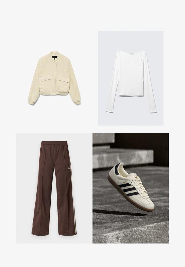 Chaqueta bomber de pana crema con mangas largas, puños acanalados y dos bolsillos delanteros. Cuenta con un cuello redondo y cierre de botones.; Top blanco de manga larga con diseño cruzado y un bolsillo. Fabricado en una tela suave y elástica. Con un corte casual y relajado.; Pantalones deportivos marrones con diseño de pierna ancha, franjas laterales blancas, cintura elástica y dos bolsillos laterales. Presentan un pequeño logo en la pierna.; Zapatilla blanca Adidas Samba con franjas negras y suela de goma, flotando sobre escalones de hormigón gris texturizado.