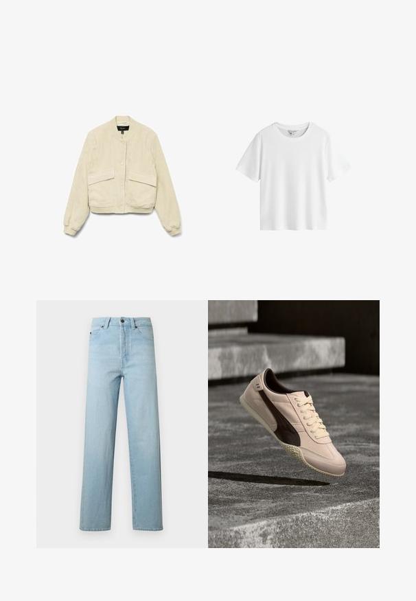 Crème corduroy bomberjack met lange mouwen, geribbelde manchetten en twee voorkeep pockets. Het heeft een ronde kraag en knoopsluiting.; Eenvoudig wit katoenen T-shirt met korte mouwen, ronde hals en normale pasvorm op een witte achtergrond.; Lichtblauwe denim jeans met rechte pijpen, voorzien van voorsluiting met knopen en rits, riemlussen en een vijfzakkenontwerp, op een witte achtergrond.; Beige en bruine veter sneaker hangt boven getextureerde betonnen trappen met schaduw eronder.
