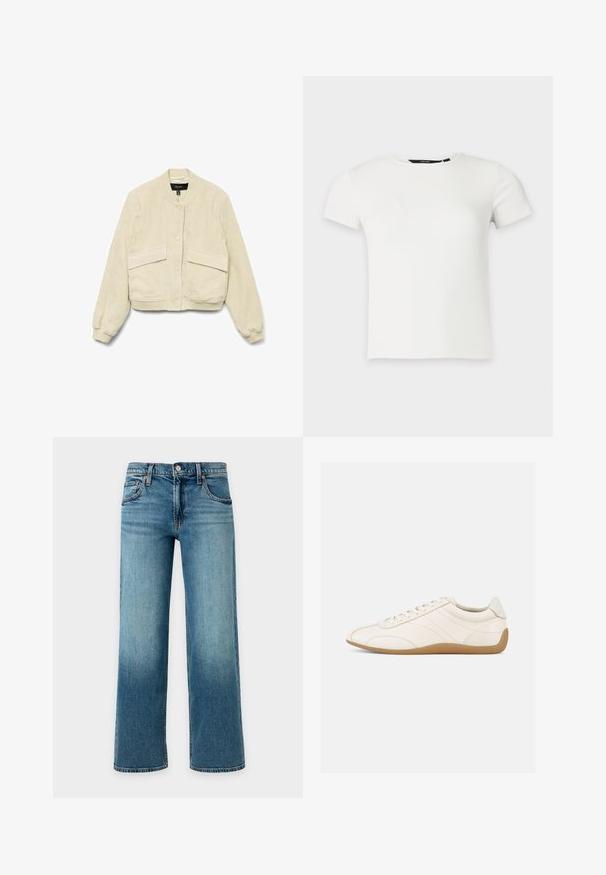 Chaqueta bomber de pana crema con mangas largas, puños acanalados y dos bolsillos delanteros. Cuenta con un cuello redondo y cierre de botones.; Camiseta blanca de punto acanalado con mangas cortas y cuello redondo, presentada sobre un fondo liso gris claro.; Vaqueros anchos de mezclilla azul con cierre de botón y cremallera, bolsillos delanteros y trabillas para cinturón sobre un fondo claro.; Zapatilla deportiva de cuero blanco con textura suave, punta redondeada y costuras tono sobre tono. Cuenta con una suela de goma color cuero y cierre de cordones.