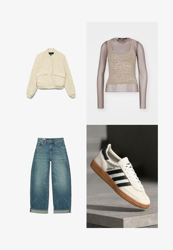 Crème corduroy bomberjack met lange mouwen, geribbelde manchetten en twee voorkeep pockets. Het heeft een ronde kraag en knoopsluiting.; Beige tanktop gecombineerd met lange mesh mouwen; beschikt over een witte tekstprint aan de voorkant, ronde halslijn en een aansluitende pasvorm.; Blauwe denim jeans met wijde pijpen, opgerolde boorden, voorste knoop- en ritsluiting en klassiek ontwerp met vijf zakken.; Witte suède sneakers met marineblauwe strepen, rubberen gumzool, gestructureerde bovenkant, ronde neus en veters; heeft branding aan de zijkant en op de tong.