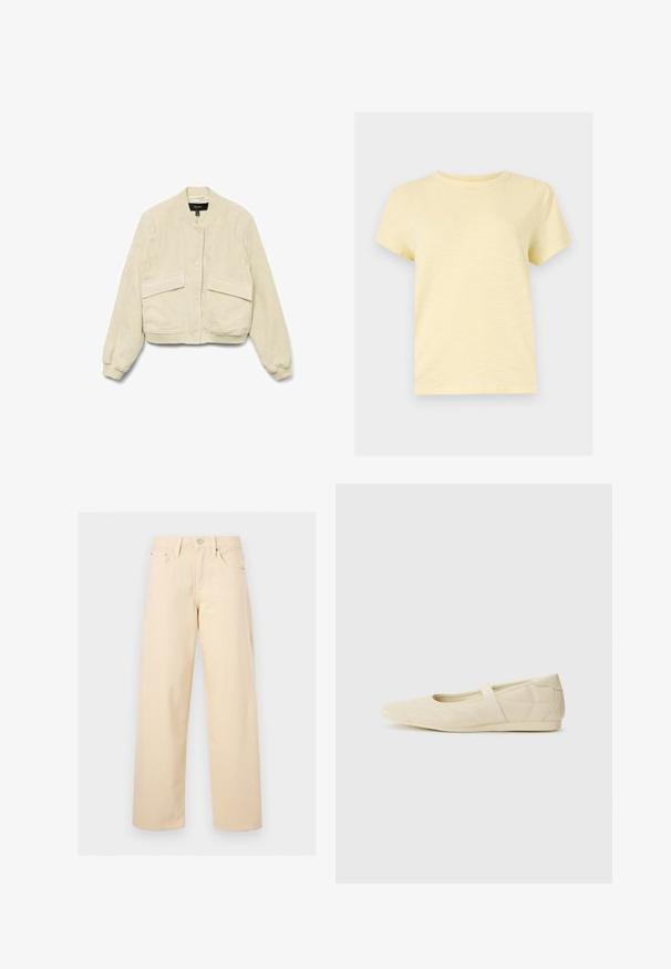 Chaqueta bomber de pana crema con mangas largas, puños acanalados y dos bolsillos delanteros. Cuenta con un cuello redondo y cierre de botones.; Camiseta de manga corta de color amarillo claro con cuello redondo y diseño liso, mostrada sobre un fondo plano de color gris claro.; Pantalones beige de pierna recta con botón y cremallera delanteros, trabillas para cinturón y diseño de cinco bolsillos sobre un fondo liso y claro.; Bailarinas beige con un exterior de cuero liso, punta en forma de almendra y una correa elástica en el empeine, con detalles de costura sutiles.