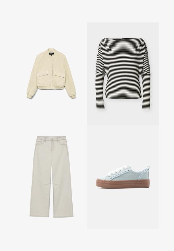 Cremfarbener Cordjacke mit langen Ärmeln, gerippten Bündchen und zwei Fronttaschen. Mit rundem Kragen und Knopfverschluss.; Schwarz-weiß gestreiftes, langärmliges Oberteil mit weitem U-Boot-Ausschnitt und enganliegenden Ärmeln vor neutralem Hintergrund.; Hellgraue, weit geschnittene Hose mit fünf Taschen, vorderem Knopfverschluss und kontrastierenden Nähten. Der Stoff wirkt weich und langlebig.; Hellblaue, niedrig geschnittene Sneaker aus Denim mit weißen, flauschigen Schnürsenkeln, ausgefransten Kanten und dicker brauner Gummisohle auf einfarbigem Hintergrund.