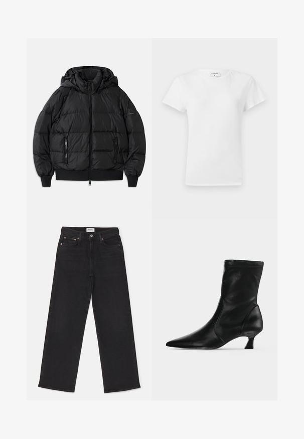 Schwarze Puffjacke mit Kapuze, Reißverschluss vorne und zwei Reißverschlusstaschen an den Seiten. Mit gerippten Bündchen und Saum, glänzende, glatte Textur.; Weißes Baumwoll-T-Shirt mit Rundhalsausschnitt und kurzen Ärmeln, das einen lockeren Sitz und ein minimalistisches Design aufweist. Etikett am Hals sichtbar.; Schwarze weit geschnittene Jeans aus Denim. Mit Knopfverschluss, Fünf-Taschen-Design und subtiler Ausbleichung. Das Etikett trägt die Aufschrift "AGOLDE."; Schwarzer Leder-Stiefel bis zur Mitte der Wade mit spitzer Schuhspitze und niedrigem Kittenabsatz, seitlich auf hellem einfarbigem Hintergrund gezeigt.