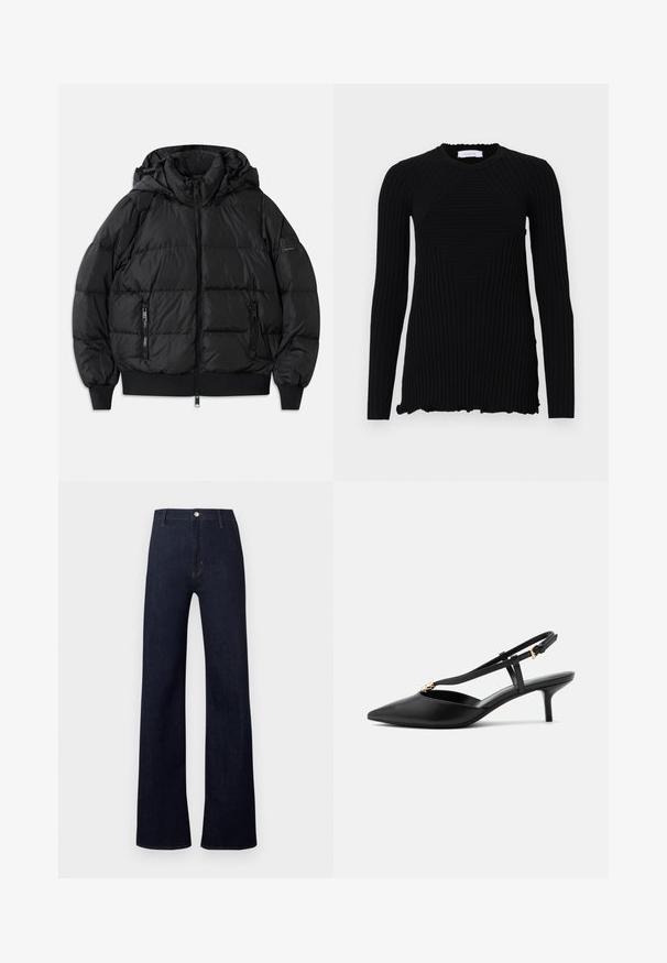Veste doudoune noire avec une capuche, fermeture éclair à l'avant et deux poches latérales zippées. Comprend des poignets et un ourlet côtelés, texture lisse et brillante.; Rabanne T-shirt à manches longues - black; Pantalon en jean bleu foncé avec une taille haute, une coupe ample à jambes larges, et un style classique à cinq poches. Il présente des détails en bronze et des coutures discrètes.; Escarpin slingback en cuir noir à petit talon kitten, bout pointu, fine bride en T, boucle réglable et petite décoration dorée sur la bride.