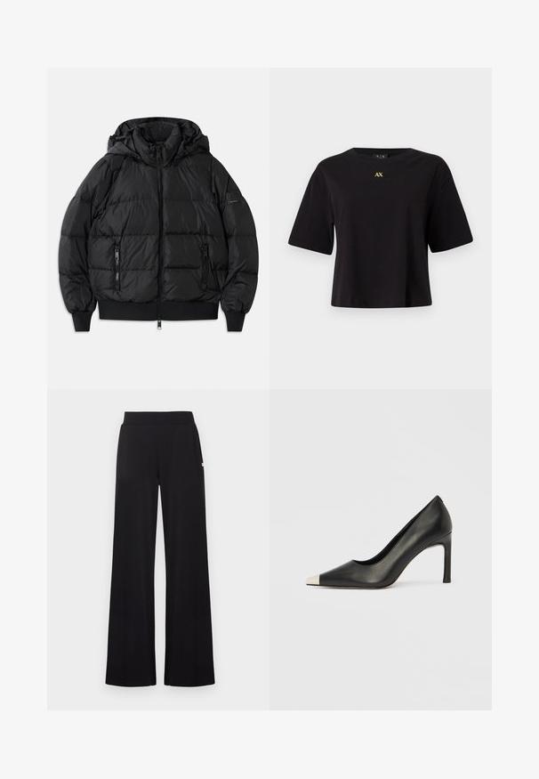 Schwarze Puffjacke mit Kapuze, Reißverschluss vorne und zwei Reißverschlusstaschen an den Seiten. Mit gerippten Bündchen und Saum, glänzende, glatte Textur.; Schwarzes T-Shirt mit kurzen Ärmeln aus Baumwolle in lässiger Passform, mit einem goldenen "AX"-Logo, das zentral auf der Brust platziert ist.; Schwarze Hosen mit weitem Bein und einem taillierten Bund, gefertigt aus einem glatten Stoff. Verfügen über dezente seitliche Taschen und minimale Hardware-Akzente.; Schwarzer Lederschuh mit hohem Absatz, spitz zulaufender Zehenpartie und metallischer silberner Spitze. Verfügt über eine glatte Oberfläche und einen schlanken 10 cm hohen Absatz.