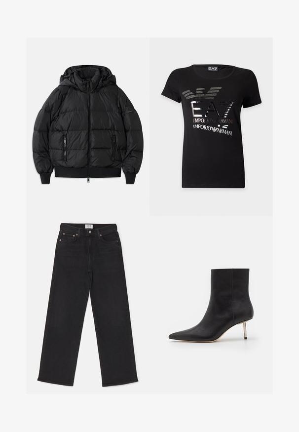 Musternahk vest, mille, lukuga ees ja kahe lukuga küljetaskuga. Omab soonikuga varrukaotsi ja alt, sileda läikiva tekstuuriga.; Must metallik-hõbedase EA7 Emporio Armani logoga ja esiküljel stiliseeritud kotkagraafikuga lühikeste varrukatega T-särk.; Mustad laiad mustad teksad, mis on valmistatud denimist. Omavad nupu sulgu, viit taskut ja kerget pleekimist. Sildil on kirjas "AGOLDE."; Must musta ankle kingad terava varba ja õhukese metalset muujuhega. Sile tekstuur, puhtad jooned ja minimalistikud disainielemendid.