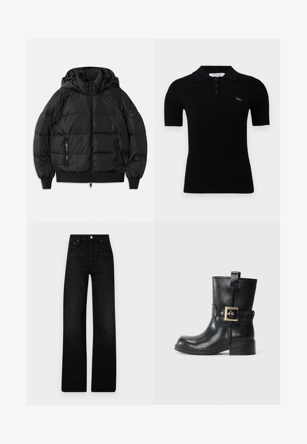 Veste doudoune noire avec une capuche, fermeture éclair à l'avant et deux poches latérales zippées. Comprend des poignets et un ourlet côtelés, texture lisse et brillante.; Polo noir à côtes avec un col classique, une patte de boutonnage à trois boutons et un petit design brodé sur la poitrine gauche.; Jeans noirs à jambe large en denim. Présentent une taille haute, deux poches avant et une fermeture par bouton métallique. Fini texturé avec un léger délavage.; Bottine en cuir noir à bout rond, avec détail de boucle sur le côté et petit talon carré. Elle dispose d'une languette à l'arrière pour un enfilage facile.