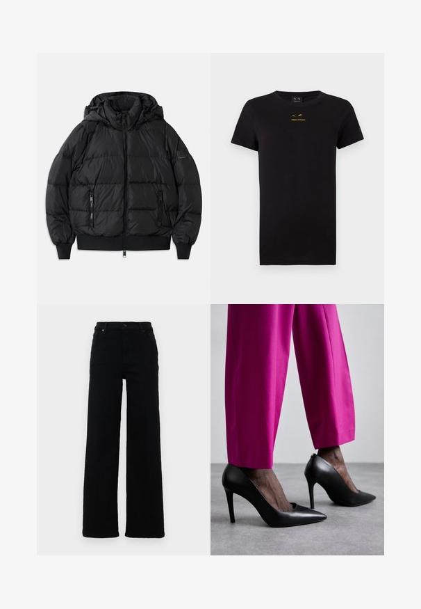 Schwarze Puffjacke mit Kapuze, Reißverschluss vorne und zwei Reißverschlusstaschen an den Seiten. Mit gerippten Bündchen und Saum, glänzende, glatte Textur.; Schwarzes T-Shirt mit kurzen Ärmeln aus Baumwolle. Besitzt ein aufgedrucktes goldenes Logo auf der Brust. Klassisches Rundhalsausschnitt-Design. Weiche Textur.; Schwarze hochgeschnittene Jeans mit geradem Bein, aus Denim. Sie verfügen über Gürtelschlaufen, Fronttaschen und einen Knopf-Detail.; Schwarze High-Heels mit einer spitzen Zehenform und glatter Lederoberfläche. Kombiniert mit knallroten, maßgeschneiderten Hosen.