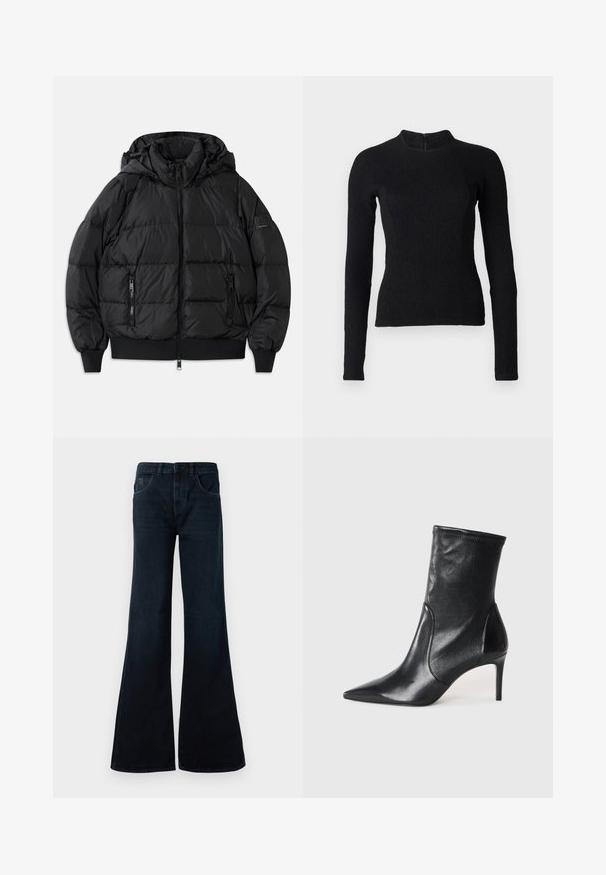 Schwarze Puffjacke mit Kapuze, Reißverschluss vorne und zwei Reißverschlusstaschen an den Seiten. Mit gerippten Bündchen und Saum, glänzende, glatte Textur.; Schwarzes Langarmoberteil mit einer figurbetonten Passform, strukturiertem Stoff und hochgeschnittenem Kragen. Verfügt über einen verdeckten Reißverschluss im Rücken zur Befestigung.; Dunkelblaue Schlagjeans aus Denim. Sie verfügen über eine hohe Taille, zwei Vordertaschen und ein sauberes Finish ohne sichtbare Beschläge.; Schwarze Stiefeletten aus glattem Leder, mit einer spitzen Zehe, schmalem Schaft und schlanker, hoher Ferse. Minimalistisches Design ohne sichtbare Beschläge.