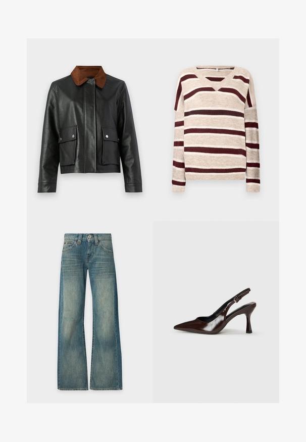 Chaqueta de cuero negra con cuello de pana marrón, bolsillos frontales con tapa y botones a presión, y cierre frontal oculto.; Jersey de cuello en V en beige con rayas rojo oscuro y crema. Cuenta con mangas largas y bajo acanalado. Textura suave y corte relajado.; Vaqueros de mezclilla azul con lavado desgastado, cintura alta, perneras anchas, cierre delantero de botón y cremallera, y cinco bolsillos, mostrados sobre un fondo liso.; Zapatos de tacón slingback de charol marrón con punta afilada, tacón delgado y correa ajustable con una pequeña hebilla.