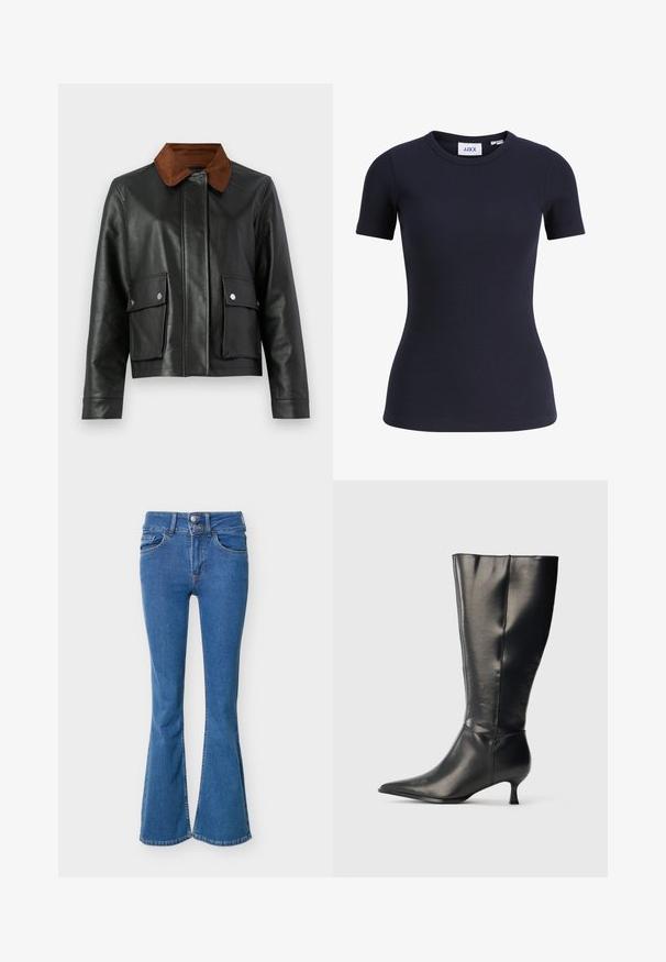 Chaqueta de cuero negra con cuello de pana marrón, bolsillos frontales con tapa y botones a presión, y cierre frontal oculto.; Camiseta entallada de manga corta acanalada en azul marino con cuello redondo y etiqueta de la marca JJXX en el interior del cuello.; Vaqueros de mezclilla azul de cintura alta con piernas acampanadas, bolsillos delanteros, trabillas para cinturón y cierre de doble botón en la cintura.; Bota negra de cuero hasta la rodilla, con punta afilada y tacón bajo tipo kitten, mostrada sobre un fondo claro y sencillo.