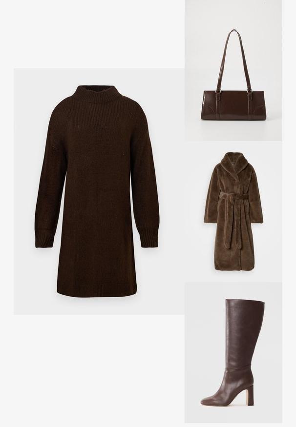 Bruine pluchen faux fur lange jas met brede kraag en bijpassende riem gestrikt in de taille, plat neergelegd op een neutrale achtergrond.; Donkerbruine lange mouwen gebreide trui jurk met geribbelde kraag en manchetten, weergegeven op een effen lichte achtergrond.; Bruine leren enkellaars met een spitse neus en een hoge blokhak, met een gladde textuur en een strakke pasvorm.; Bruine lakleren handtas met een rechthoekige vorm, twee lange handvatten en subtiele gebogen accenten aan de voorkant.