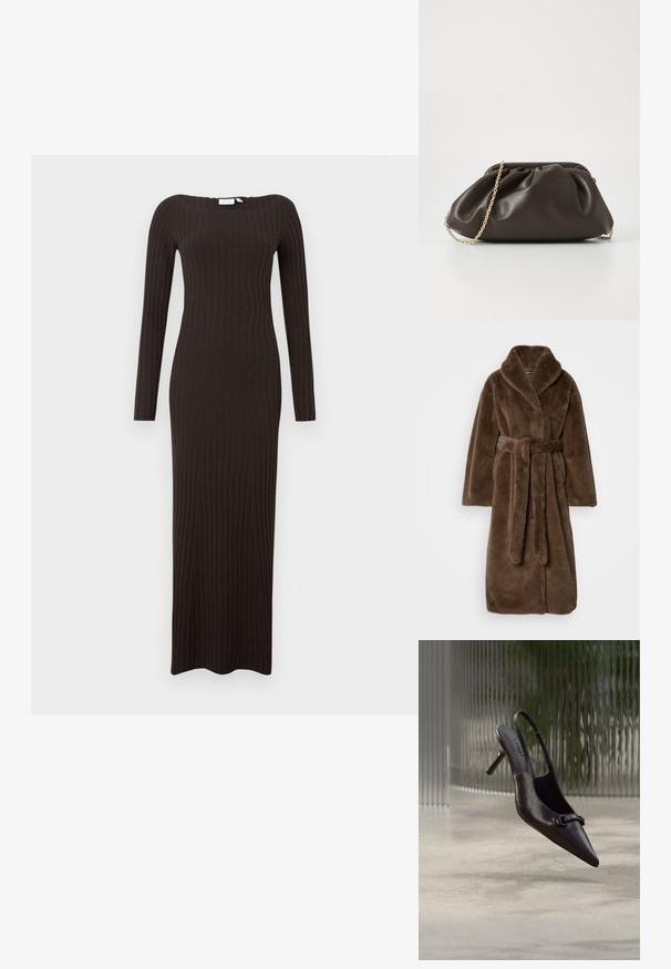 Bruine pluchen faux fur lange jas met brede kraag en bijpassende riem gestrikt in de taille, plat neergelegd op een neutrale achtergrond.; Lange, nauwsluitende geribbelde jurk in donkerbruin met lange mouwen en een boothals. Gladde textuur met een ontwerp tot op de vloer.; Glanzende zwarte slingback met spitse neus en kleine decoratieve gesp, zwevend boven een betonnen vloer met een gestructureerde glazen achtergrond.; Bruine leren handtas met een geaccentueerd ontwerp, gouden kettinghengsel en een zachte, textuurafwerking. Compacte vorm geschikt voor avondgebruik.
