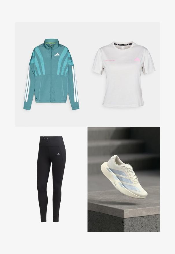 Veste de sport teal avec fermeture éclair sur le devant, col montant, trois bandes blanches sur les manches et des détails de design superposés. Tissu léger.; T-shirt gris clair à manches courtes avec un col rond, "ADIDAS RUNNING" imprimé en rose, avec le logo Adidas rose sur la poitrine. Texture de tissu doux.; Leggings noirs avec taille haute, cordon de serrage et poches latérales. Fabriqués à partir d'un tissu lisse avec un accent de logo réfléchissant.; Chaussure de sport blanche avec des rayures bleues, lacets noués, flottant au-dessus d'un rebord en béton sur fond d'escalier flou.