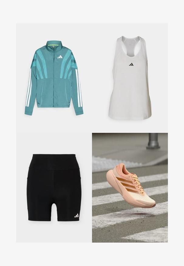Veste de sport teal avec fermeture éclair sur le devant, col montant, trois bandes blanches sur les manches et des détails de design superposés. Tissu léger.; Débardeur de sport blanc en tissu léger avec un dos nageur et un petit logo noir sur la poitrine.; Short de sport noir taille haute avec un petit logo Adidas blanc sur la partie inférieure gauche de la jambe et des poches latérales sur un fond uni.; Chaussure de course pêche claire avec des bandes orange, en l'air au-dessus d'un passage piéton texturé sur une route asphaltée.