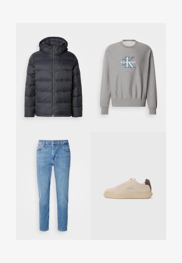 Sort pufferjakke med lynlåslukning foran og hætte. Har syede paneler til isolering og et lille logo på brystet. Glat tekstur.; Grå sweatshirt med rund halsudskæring, ribbede ærmer og kant, med et blåt og hvidt "Calvin Klein" logo i centrum. Klassisk pasform.; Lys blå denim jeans med lige snit, fem-lomme design og subtilt slid. Har knaplukning og bæltestropper.; Beige ruskind sneakers med rund tå, snørret foran og en brun ruskindsdetalje på hælen. Har en tekstureret gummisål.