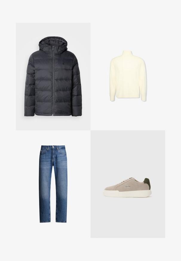 Sort pufferjakke med lynlåslukning foran og hætte. Har syede paneler til isolering og et lille logo på brystet. Glat tekstur.; Kremfarvet langærmet højhalset sweater med ribbet manchetter og et diskret logo på brystet, vist på en ensfarvet hvid baggrund.; Blå denimjeans med lige pasform, fem lommer og lynlås. Har en let falmet effekt og syninger langs sømmene.; Beige ruskinds sneakers med en hvid gummisål, der har en mørkegrøn hælaccent og subtil branding på siden.