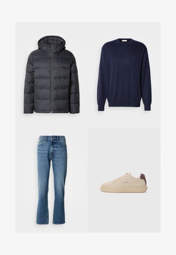 Sort pufferjakke med lynlåslukning foran og hætte. Har syede paneler til isolering og et lille logo på brystet. Glat tekstur.; Navyblå sweater i blødt stof med rund hals, ribstrikkede manchetter og kant. Lille broderet logo på brystet. Klassisk pasform.; Lyseblå denim jeans med lige pasform og let flare. Har fem lommer, knaplukning og subtile slidte detaljer.; Beige ruskind sneakers med rund tå, snørret foran og en brun ruskindsdetalje på hælen. Har en tekstureret gummisål.