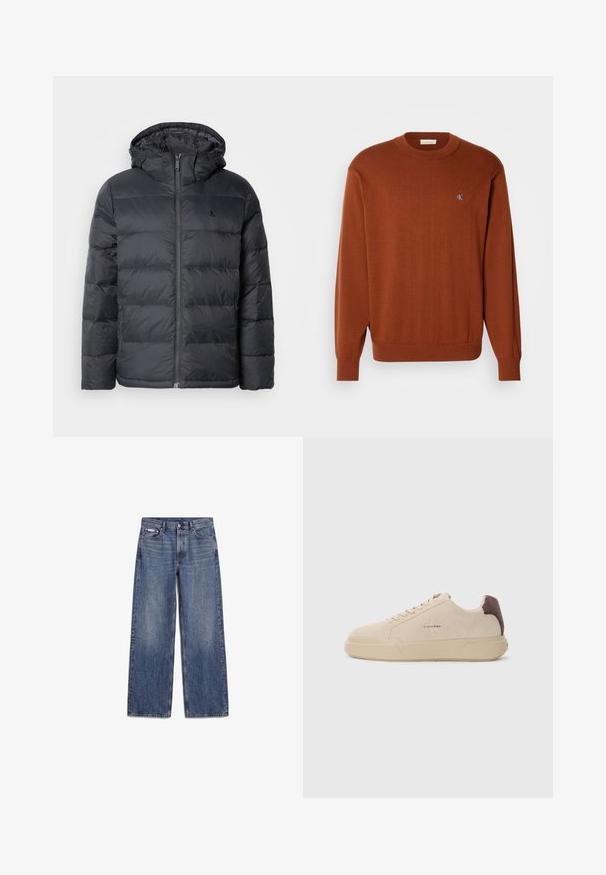 Sort pufferjakke med lynlåslukning foran og hætte. Har syede paneler til isolering og et lille logo på brystet. Glat tekstur.; Rustfarvet crewneck sweater i fint strik, med ribbede manchetter og kant, og med et lille blåt logo på brystet. Blød tekstur.; Blå straight-leg denimjeans med frontlommer, bæltestropper og knaplukning, lagt fladt på en hvid baggrund.; Beige ruskind sneakers med rund tå, snørret foran og en brun ruskindsdetalje på hælen. Har en tekstureret gummisål.