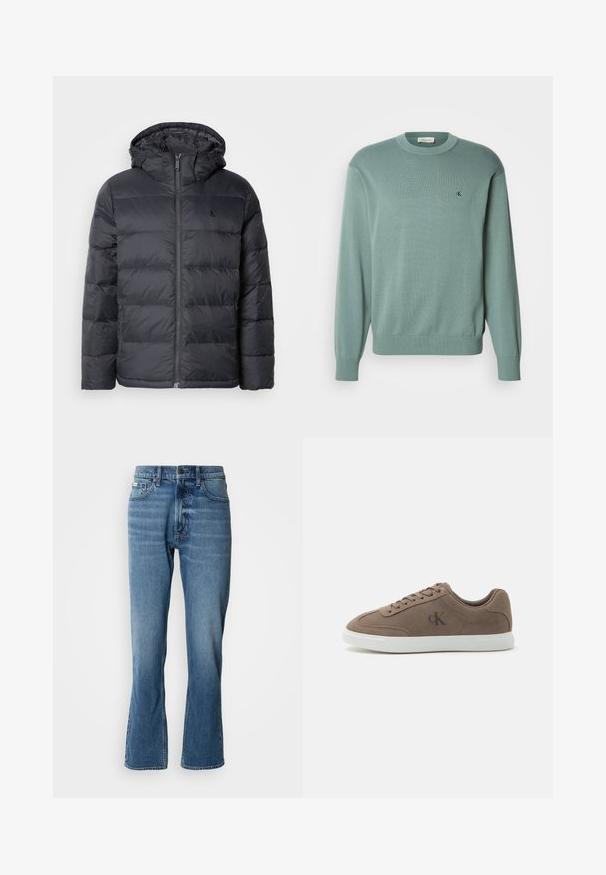 Sort pufferjakke med lynlåslukning foran og hætte. Har syede paneler til isolering og et lille logo på brystet. Glat tekstur.; Lysegrøn strikket sweater med rund halsudskæring, lange ærmer og ribstrikkede manchetter. Har et lille logo på brystet. Teksturen virker blød.; Lyseblå denim jeans med lige pasform og let flare. Har fem lommer, knaplukning og subtile slidte detaljer.; Taupe ruskind lavtop sneaker med beige snørebånd, hvid gummisål og subtil "cK" logo på siden.