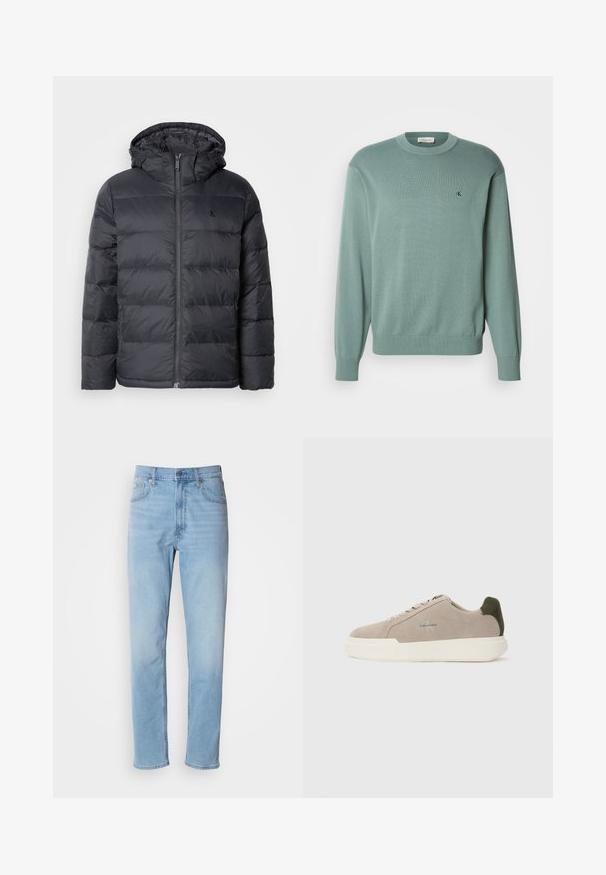 Sort pufferjakke med lynlåslukning foran og hætte. Har syede paneler til isolering og et lille logo på brystet. Glat tekstur.; Lysegrøn strikket sweater med rund halsudskæring, lange ærmer og ribstrikkede manchetter. Har et lille logo på brystet. Teksturen virker blød.; Lys blå denim jeans med lige pasform, fem lommer og bæltestropper. Stoffet har en glat overflade med en let falmningseffekt.; Beige ruskinds sneakers med en hvid gummisål, der har en mørkegrøn hælaccent og subtil branding på siden.