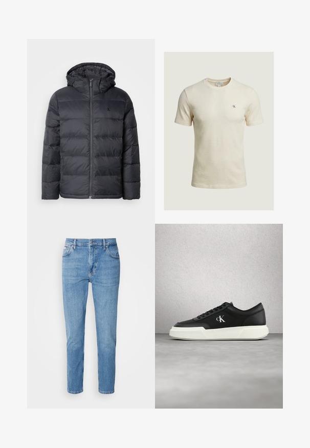 Sort pufferjakke med lynlåslukning foran og hætte. Har syede paneler til isolering og et lille logo på brystet. Glat tekstur.; Beige Calvin Klein t-shirt i vaffelstrik med korte ærmer, rund halsudskæring og lille logo-patch på venstre bryst.; Lys blå denim jeans med lige snit, fem-lomme design og subtilt slid. Har knaplukning og bæltestropper.; Sort lædersneaker med hvid sål og "cK"-logo, vist svævende i luften foran en væg af glasblokke og en betongulvbaggrund.