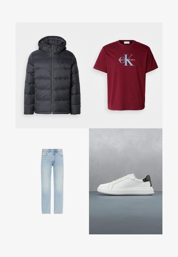 Schwarze Puffjacke mit Reißverschluss vorne und Kapuze. Verfügt über genähte Paneele zur Isolierung und ein kleines Logo auf der Brust. Glatte Textur.; Burgunderfarbene Baumwoll-T-Shirt mit großem weißen und blauen "CK"-Logo und "Calvin Klein"-Schriftzug, reguläre Passform, kurze Ärmel und Rundhalsausschnitt.; Hellblaue Straight-Leg-Denim-Jeans mit vorderem Knopfverschluss und Fünf-Taschen-Design, inklusive einem kleinen Calvin Klein Label auf der vorderen Tasche.; Weiße Sneaker mit einem glatten Obermaterial aus Leder und einem kontrastierenden schwarzen Fersenakzent. Ausgestattet mit flachen Schnürsenkeln und einer strukturierten Gummisohle.