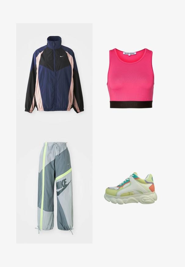 Vindjakke med høj krave, letvægtsstof og farveblokeret design i marineblå, sort og lys pink med elastiske manchetter.; Pink crop top lavet af glat stof, med en rund halsudskæring og et kontrasterende sort elastisk bånd med prægede brandtekst.; Nike trackbukser i varierende nuancer af grå med reflekterende neonlys, en snoretræk i taljen og snørede ankler, samt et stort logo.; Hvide sneakers med flerfarvede accenter i grøn, pink og blå. Har en chunky sål, glat læder og strukturerede overlays.