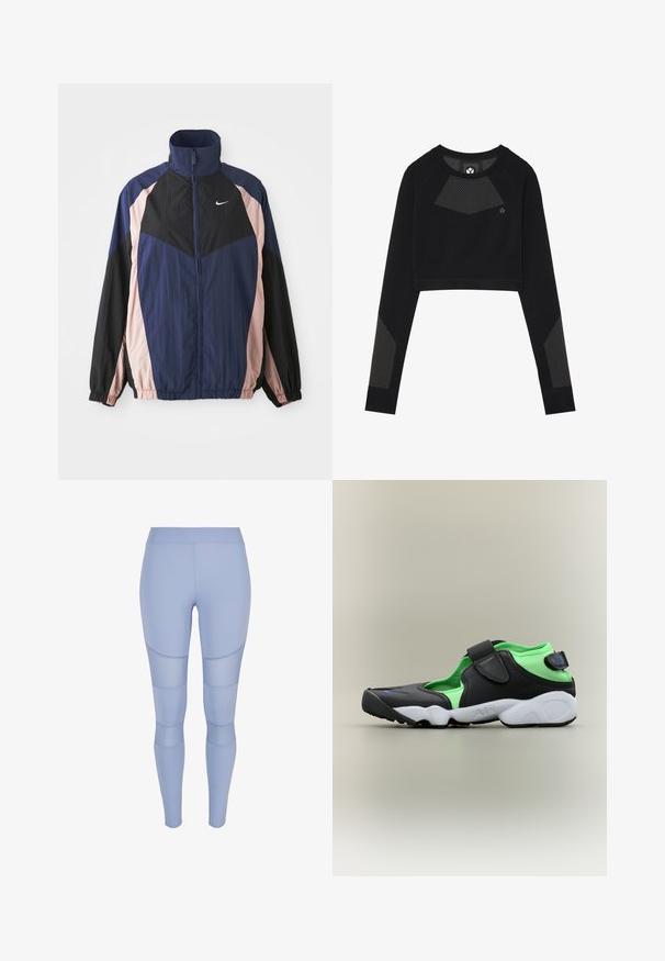 Vindjakke med høj krave, letvægtsstof og farveblokeret design i marineblå, sort og lys pink med elastiske manchetter.; Sort cropped sweatshirts lavet af blødt stof. Har mesh-paneler på brystet og ærmerne. Rund halsudskæring og lange ærmer.; Lyseblå leggings lavet af elastisk stof, med meshpaneler og højt taljebånd. Glat tekstur med tætsiddende silhuet og knædetaljer.; Sort og neongrøn sportssko med hvid sål, med velcroremme og lavt snit på en neutral baggrund.