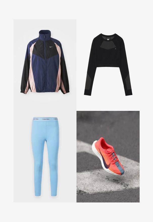 Vindjakke med høj krave, letvægtsstof og farveblokeret design i marineblå, sort og lys pink med elastiske manchetter.; Sort cropped sweatshirts lavet af blødt stof. Har mesh-paneler på brystet og ærmerne. Rund halsudskæring og lange ærmer.; Blå leggings lavet af glat, strækbart stof med en ensfarvet farve og en talje med "Calvin Klein" logo i kontrastfarver.; Lys orange og blå Nike løbesko i luften over asfalt med hvide vejmarkeringer, der viser detaljer om snørebånd og sål.