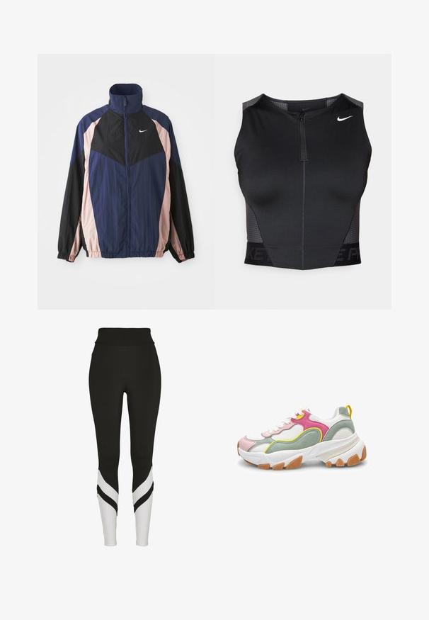Vindjakke med høj krave, letvægtsstof og farveblokeret design i marineblå, sort og lys pink med elastiske manchetter.; Sort atletisk crop top med lynlåslukning, teksturerede skulderpaneler og trykt mærkelogo. Fremstillet af strækbart, åndbart stof.; Sorte leggings med høj talje, der har hvide og sorte chevron-mønsterskonstruktioner på underbenene, lavet af strækbart materiale.; Kraftig sneaker med hvid mesh, pink og grå overlays, gule accenter, hvide snørebånd og en tyk hvid sål med brune gummigreb.