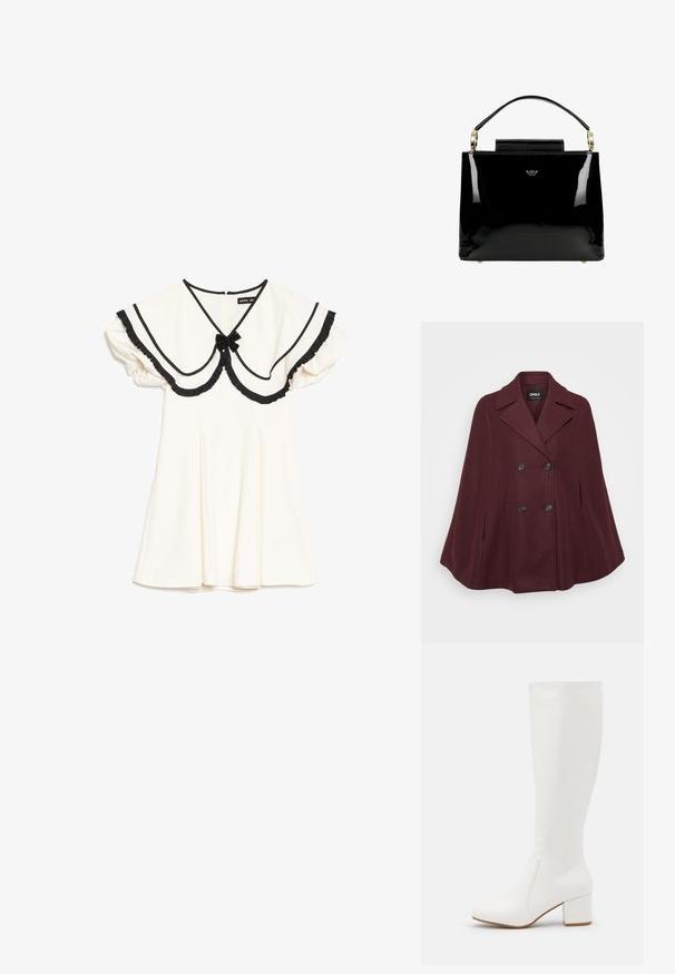 Cape en mélange de laine bourgogne avec un design croisé, col à revers, grands boutons noirs et deux poches latérales.; Robe crème avec col oversize bordé de noir, bords à volants noirs, manches courtes bouffantes et petit nœud noir au niveau de l'encolure.; Bottes blanches jusqu'au genou avec une finition lisse et brillante. Talon carré et détails de couture subtils sur le côté.; Sac à main en cuir verni noir avec un design structuré, comportant une poignée supérieure, des accents en métal doré et un petit rabat à l'avant.