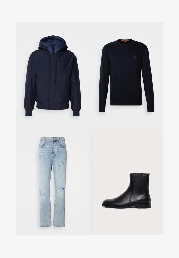 Navyblauwe capuchonjas met een ritssluiting en drukknoop, elastische manchetten en een gestructureerde buitenkant. Binnenin gevoerd met contrasterende blauwe stof.; Marineblauwe gebreide trui met lange mouwen, ronde hals, geribbelde manchetten en zoom, met een klein vierkant logo-opdruk op de borst.; Licht gewassen denim jeans met een ontspannen pasvorm, voorzien van versleten plekken en rafelige randen. De stof heeft een zachte, gladde textuur.; Zwarte leren enkellaars met lage hak, zijstiksels en klein "HUGO" logo op de bovenste boord tegen een effen achtergrond.