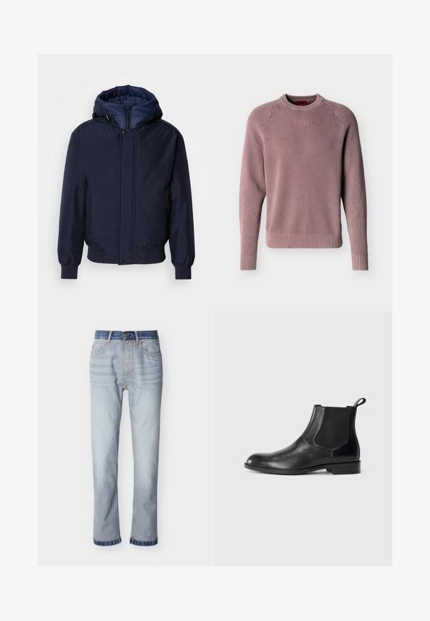 Marineblaue Kapuzenjacke mit Reißverschluss und Druckknopf, elastischen Bündchen und strukturierter Außenseite. Das Innere ist mit einem kontrastierenden blauen Stoff gefüttert.; Staubrosa Strickpullover mit geripptem Rundhalsausschnitt, Bündchen und Saum, mit texturierter Webart und geprägt "HUGO" Logo auf der Brust.; Hellblaue Jeans aus Denim mit einem dunkelblauen Bund, geradem Beinverlauf, fünf Taschen und sichtbaren Nahtdetails.; Schwarze Leder-Stiefelette mit elastischen Seiteneinsätzen, abgerundeter Zehenpartie und einem Zugschlauf. Glatte Textur, flache Sohle, minimalistisches Design.