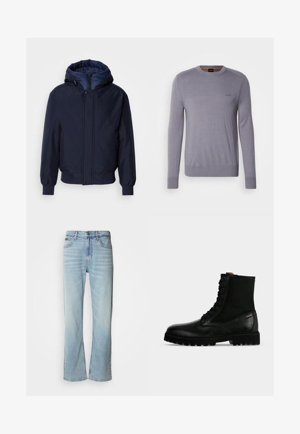 Chaqueta con capucha de color azul marino, con cierre de cremallera y botón a presión, puños elásticos y un exterior texturizado. Interior forrado en un tejido azul de contraste.; Suéter de punto de color púrpura claro con cuello redondo, puños y dobladillo acanalados. Presenta un pequeño logo bordado en el pecho. Textura suave.; Jeans de mezclilla azul claro con corte recto, que cuentan con cinco bolsillos, un cierre de botón y un ligero desvanecimiento en la tela.; Bota negra de piel y tela con cordones, suela gruesa con tacos y pequeño logo dorado en el lateral.