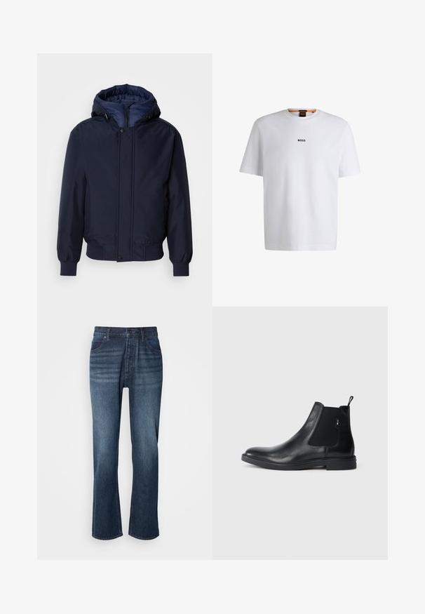 Marineblaue Kapuzenjacke mit Reißverschluss und Druckknopf, elastischen Bündchen und strukturierter Außenseite. Das Innere ist mit einem kontrastierenden blauen Stoff gefüttert.; Weißes Baumwoll-T-Shirt mit kurzen Ärmeln, ausgestattet mit einem schwarzen "BOSS"-Logo, das mittig auf der Brust platziert ist, und einem runden Halsausschnitt.; Jeans aus Denim mit geradem Bein, mittlerer Waschung, Fünf-Taschen-Stil und Knopfverschluss. Der Stoff hat eine glatte Textur mit leichter Ausbleichung.; Schwarze Leder Chelsea-Boots mit elastischen seitlichen Einsätzen, einer Zugschlaufe und einer flachen Gummisohle. Glatte Textur mit minimaler Ausgestaltung.