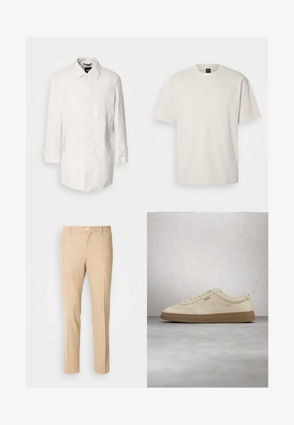 Manteau blanc de mi-longueur avec une fermeture à boutons, un col pointu et deux poches latérales. Fait d'un matériau lisse et léger avec des manches retroussées.; T-shirt à manches courtes et col rond en coton blanc cassé, présentant une coupe droite et un marquage minimal sur le col. Texture douce, sans motifs.; Pantalons beiges ajustés en tissu texturé, design à jambes droites, plis avant et fermeture à bouton unique à la taille.; Baskets en daim beige clair avec une semelle en caoutchouc gomme, des lacets prononcés et des détails de couture subtils. Design épuré avec une esthétique minimaliste.