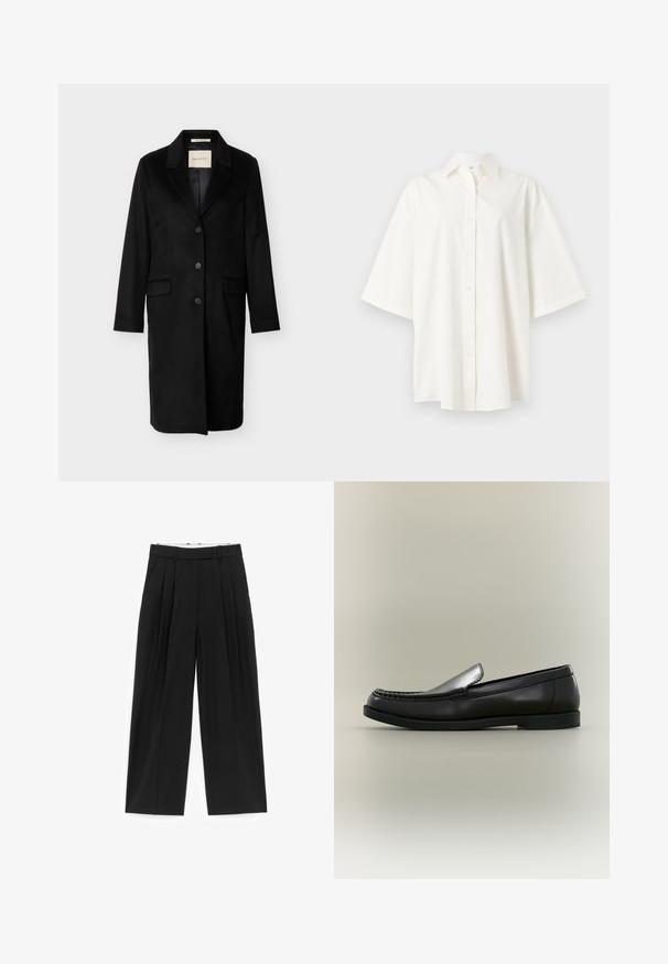 Manteau en laine noir mi-long avec revers crantés, trois boutons sur le devant, poches à rabat et manches longues.; Chemise blanche à manches courtes avec boutons, col, ourlet droit et coupe ample sur un fond clair uni.; Pantalon noir à jambes larges avec plis sur le devant, passants pour ceinture et poches latérales, conçu pour une coupe ajustée.; Mocassin en cuir noir avec couture moc toe, petit talon et design à enfiler sur fond neutre.