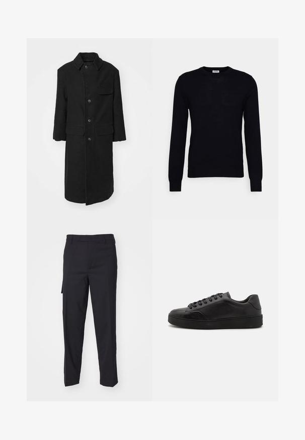 Sort lang frakke i et robust stof, med krave, frontknapper og en brystlomme. Enkel, lige snitdesign med sidelommer.; Sort langærmet sweater lavet af blødt strikket materiale. Rund halsudskæring, ribbede manchetter og kant. Minimalistisk design uden synlige mønstre eller knapper.; Sorte bukser lavet af et glat, vævet stof. Har en lige pasform, slim fit, bæltestropper og en sidelomme.; Sorte lædersneakers med rund tå, flad sål og traditionel snøring. Har en glat tekstur og diskrete detaljer på siden.