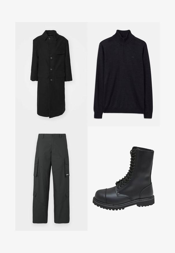 Sort lang frakke i et robust stof, med krave, frontknapper og en brystlomme. Enkel, lige snitdesign med sidelommer.; Sort langærmet sweater med ribbet høj krave og halv lynlås, med et subtilt logo på venstre bryst.; Sorte straight-leg cargo bukser med sidelommer med klap, knaplukning, bæltestropper og et lille hvidt logo på klappen af højre lomme.; Sort læder kampstøvle med høj skaft, snørebånd foran, polstret krave og en robust tekstureret sål for godt greb. Har forstærket tåhætte.