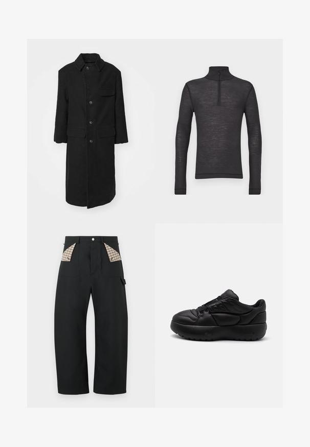 Sort lang frakke i et robust stof, med krave, frontknapper og en brystlomme. Enkel, lige snitdesign med sidelommer.; Sorte langærmede turtleneck skjorte lavet af et tekstureret stof, med en halvlåzipper ved kraven og tætsiddende ærmer.; Sorte bukser med vide ben og høj talje, forlommer foret med beige ternet stof, knaplukning og lille løkke-detalje på højre side.; Sort sneakers med en glat, polstret læberoverdel, afrundet tå og kraftig sål med teksturerede grip-mønstre. Snørebånd og logo-accenter er til stede.