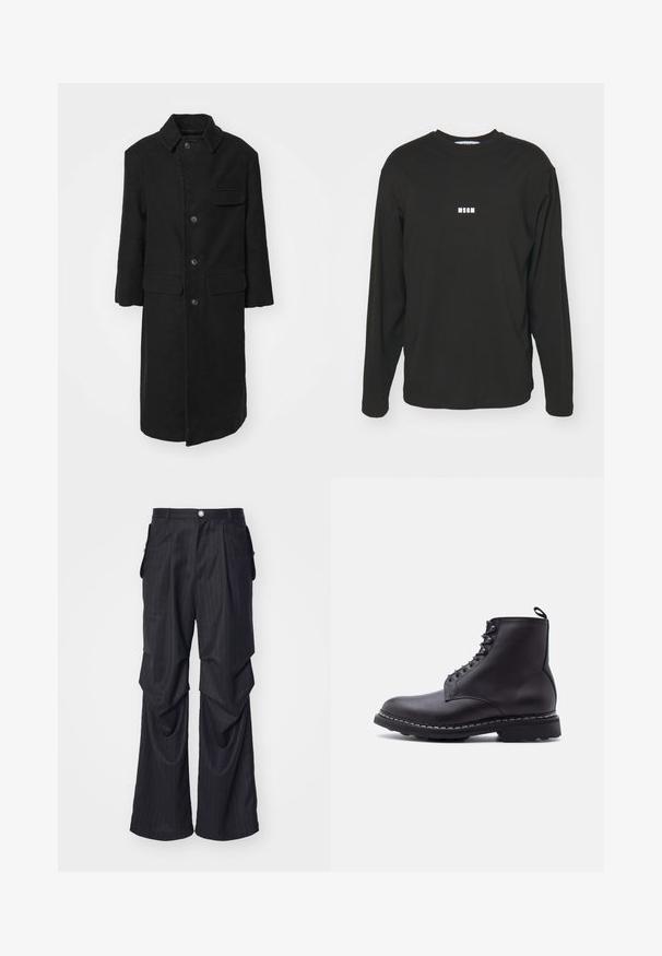 Sort lang frakke i et robust stof, med krave, frontknapper og en brystlomme. Enkel, lige snitdesign med sidelommer.; Sort langærmet T-shirt lavet af bomuld, med et lille hvidt "MSGM" logo på brystet, rund hals og afslappet pasform.; Sorte nålestribede bukser med bred bendesign, der har folder, sidelommer og en frontlukning med knap. Glat tekstur.; Sort læder ankelstøvle med snørebånd, tyk sål og trække-flig bagpå, vist i sideprofil mod en hvid baggrund.