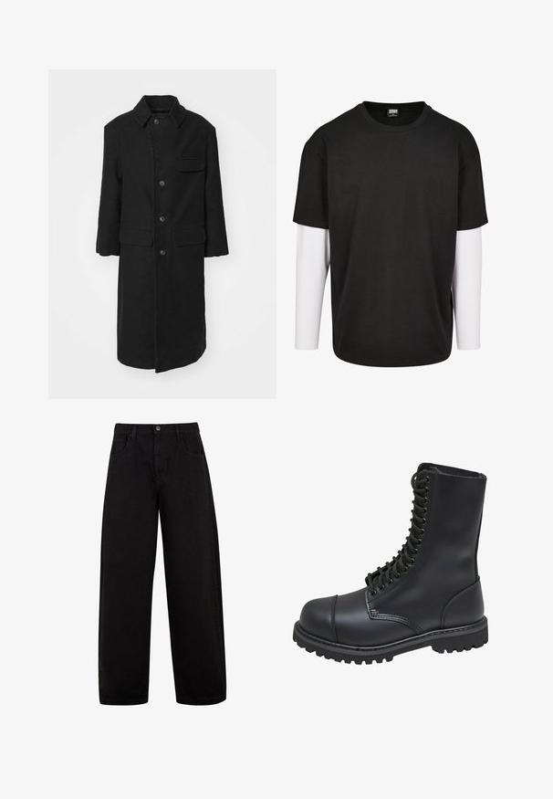 Sort lang frakke i et robust stof, med krave, frontknapper og en brystlomme. Enkel, lige snitdesign med sidelommer.; Sort kortærmet t-shirt med et hvidt langærmet lag under. Lavet af bomuld med rund halsudskæring og afslappet pasform.; Sorte brede jeans lavet af denim, med forlommer, knaplukning og et rent, minimalistisk design uden synlige mønstre.; Sort læder kampstøvle med høj skaft, snørebånd foran, polstret krave og en robust tekstureret sål for godt greb. Har forstærket tåhætte.