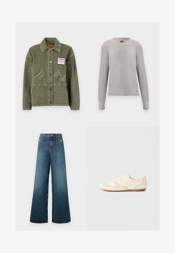 American Vintage UZATOWN - Cowboyjakker - olive; Lysegrå sweater med struktureret strikket design, der har rund halsudskæring og lange ærmer. Detaljeret strikkemønster ved kanten.; Højtaljede, vidde ben, blå denimjeans med forlommer med lap og knaplukninger på en hvid baggrund.; Sneakers i cremefarve med overdel i ruskind og stof, rundet tå og gummisål med beige detaljer. Snørelukning.